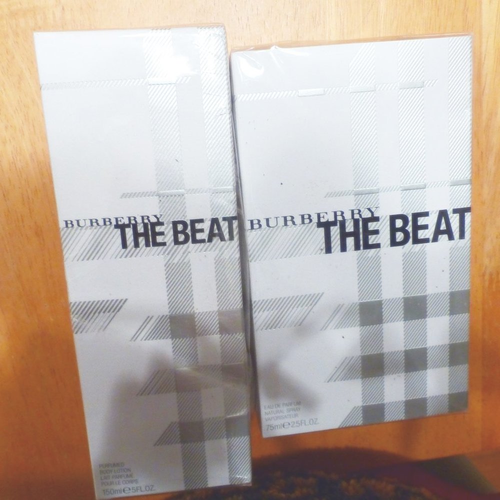 BURBERRY-THE BEAT-2 ITEM BUNDLE--2.5 oz PARFUM & HARD TO FIND 5 oz BODY LOTION